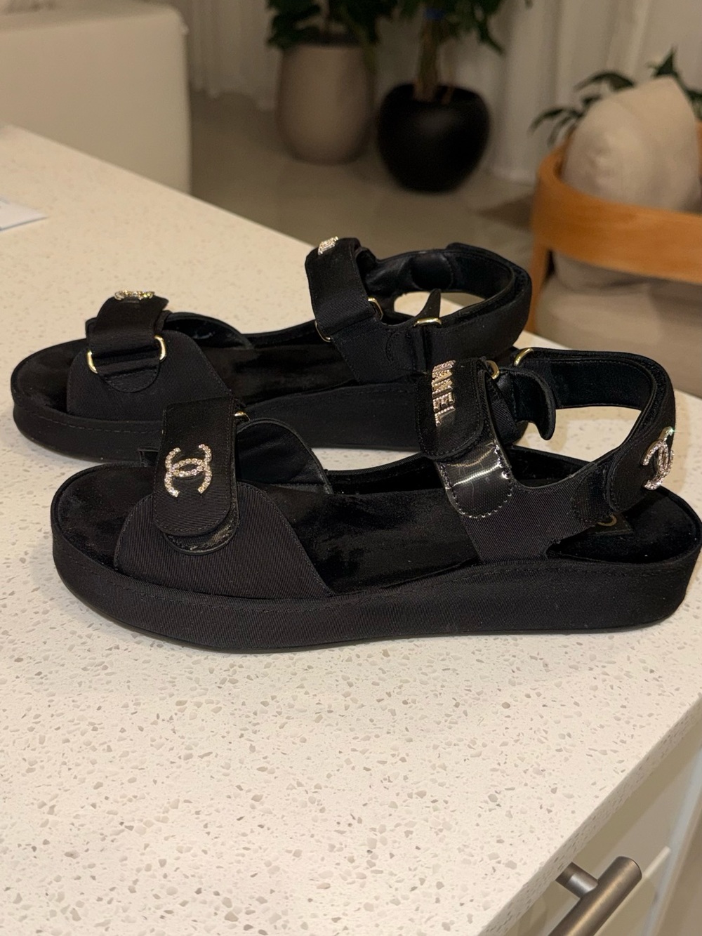 CHANEL Black Grosgrain Fabric Crystal Logo Platform Sandals - Picture 3 of 5